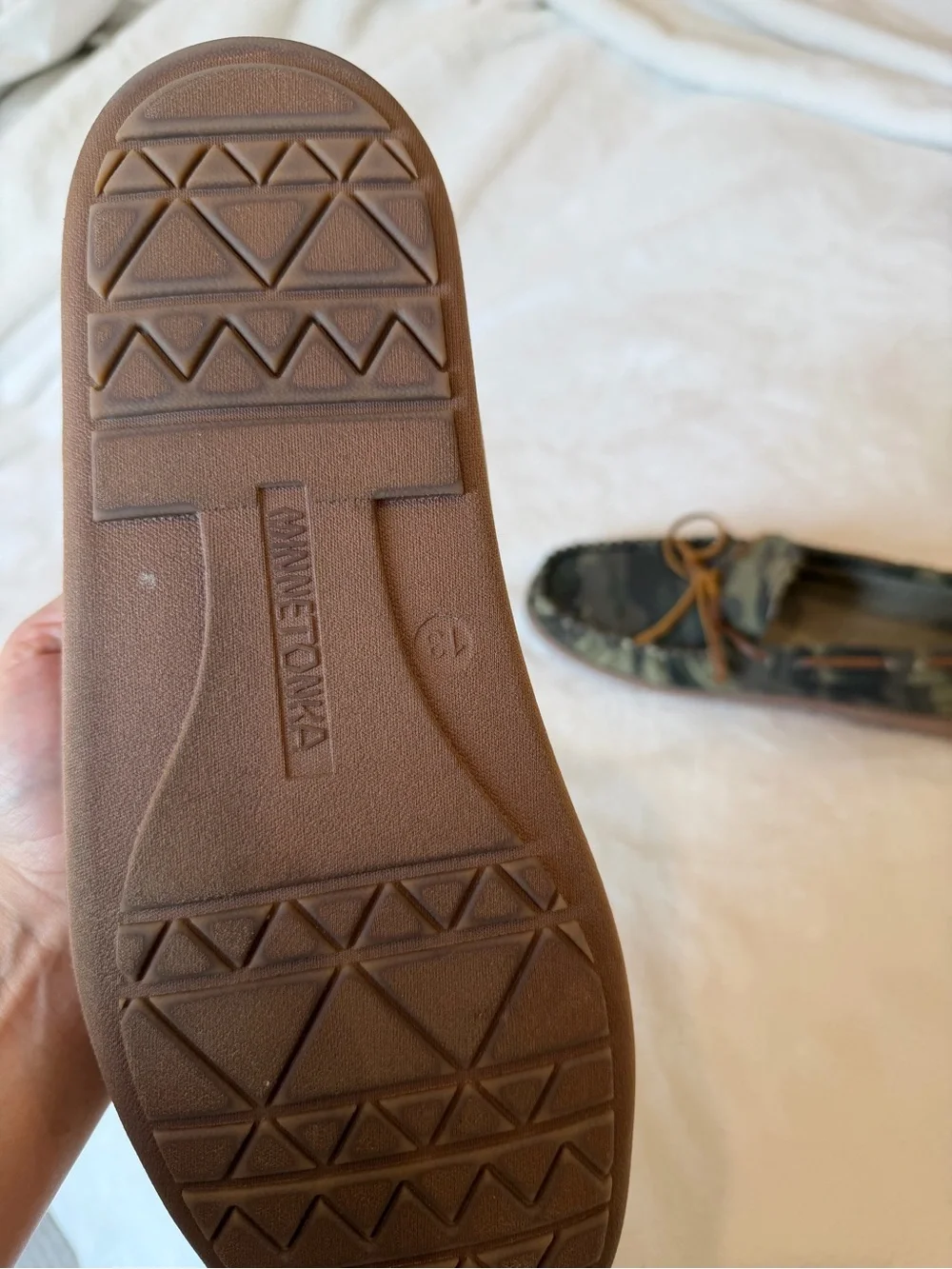 Men's Minnetonka Camo Slip-On Moccasins with Brown Laces